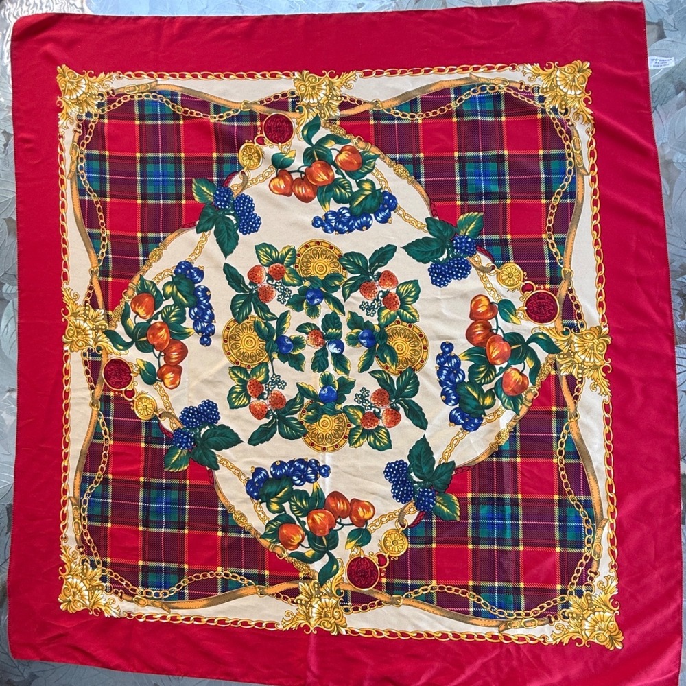 Vintage Red Plaid Fruit Chain Print‎ Square Scarf Made in Italy RN 14750 34x34